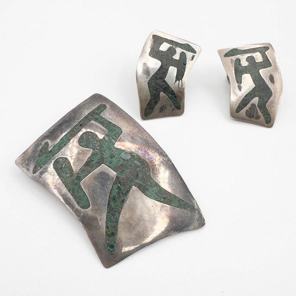 Taxco Sterling Silver Inlaid Crushed Turquoise Warrior Brooch/Pendant w Earrings - Picture 13 of 13